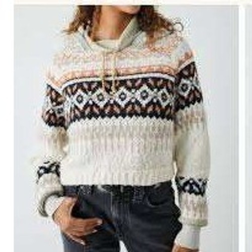 Free People Cream Inverness Hoodie Fair Isle Cropped Sweater SMALL Boho Nordic